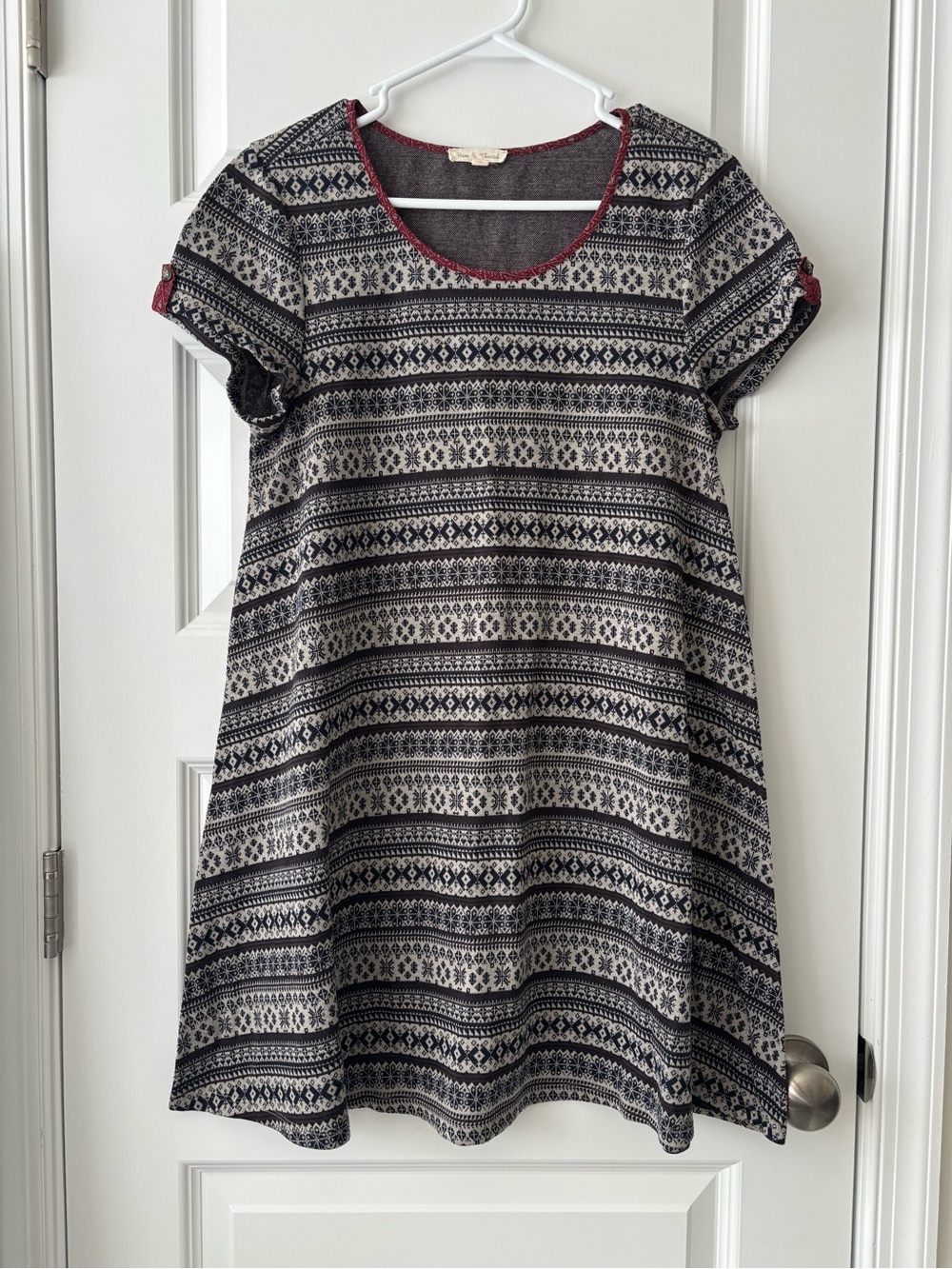 Yarn & Thread Navy & Cream Patterned Geometric Print Swing Dress Size L